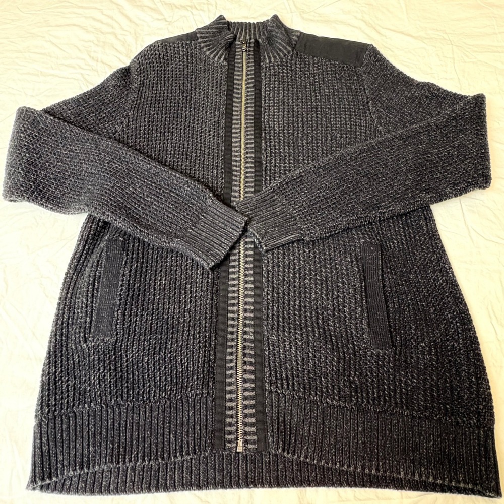 Rock & Republic Mens Large Full Zip Cardigan Sweater Gray Marl Cotton Mock Neck